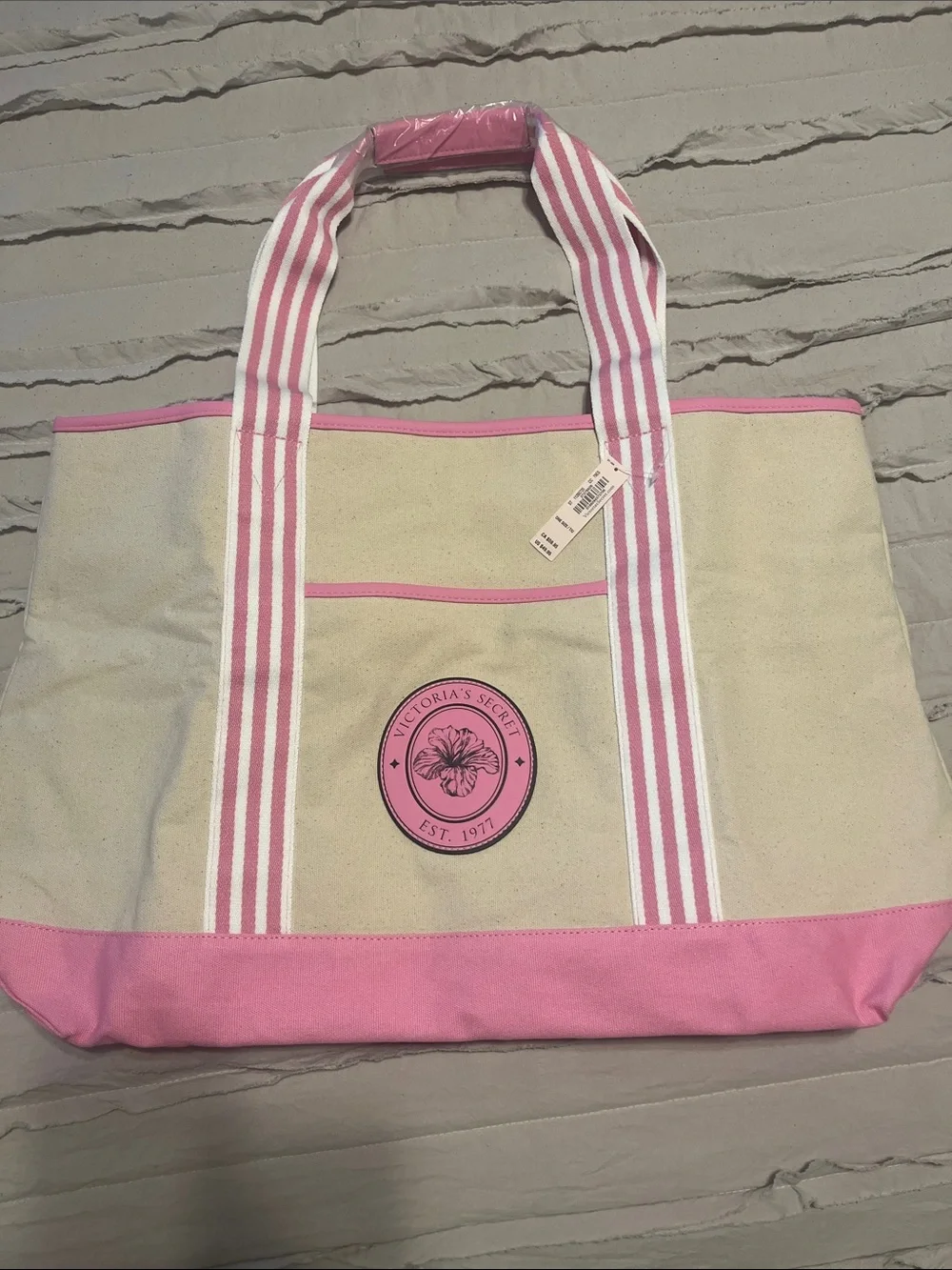 Victoria's Secret Pink and Cream Canvas Tote Bag